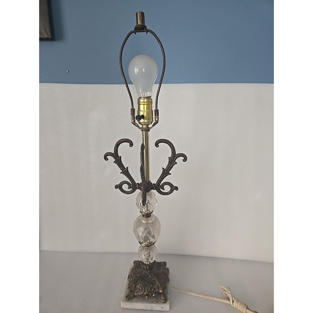 Vtg Hollywood Regency Lamp Bronze Scrolls Marble Base Crystal Glass Belly 1970s